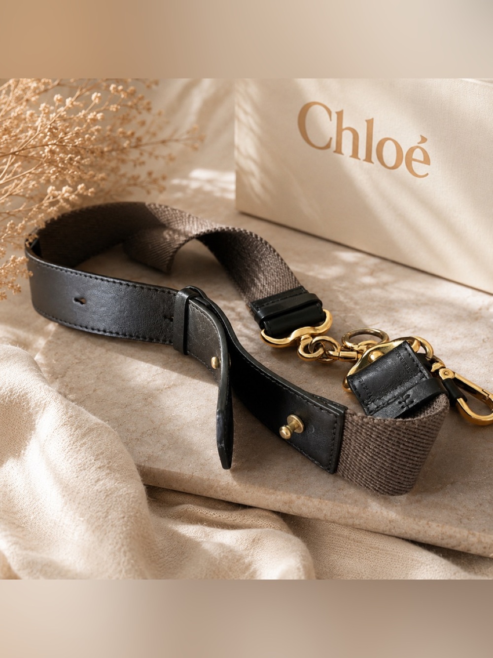 Chloé Adjustable Bag Strap Mocha Taupe Canvas Black Leather Gold Hardware Italy